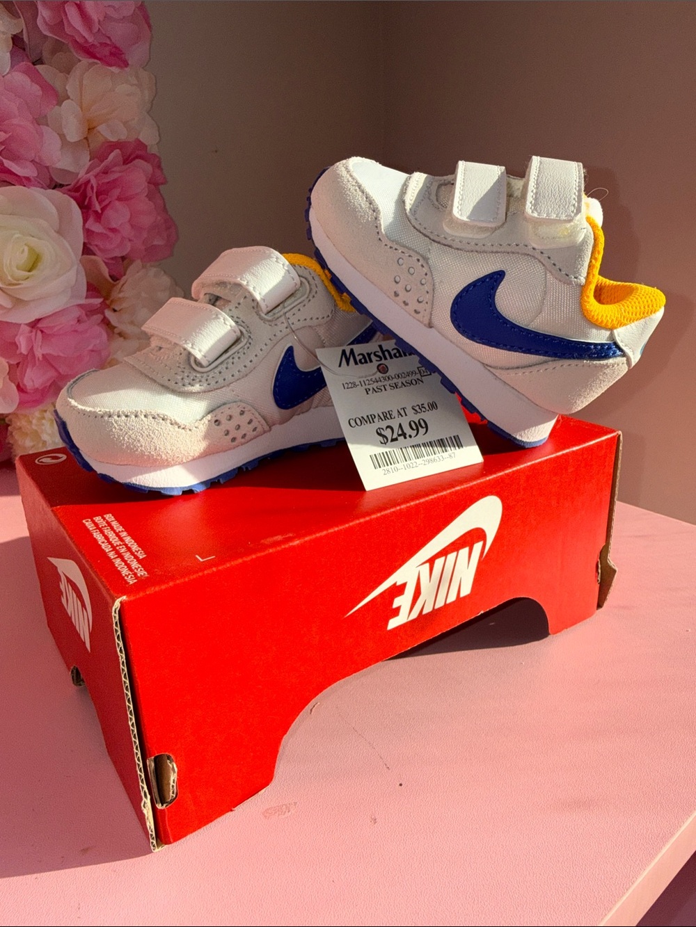 Nike Kids White Sneakers with Blue Swoosh and Yellow Lining
